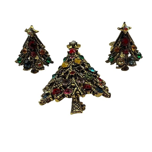 Hollycraft Vintage Christmas Tree Pin w/Matching Clip Earrings MCM Collectible - Picture 6 of 16